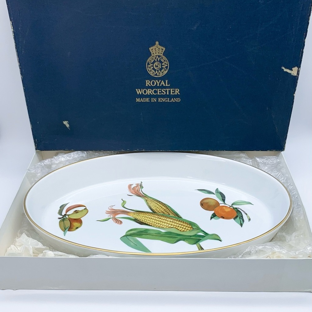 1961 Vintage Royal Worcester White Porcelain Oval Platter Corn & Fruit Decor